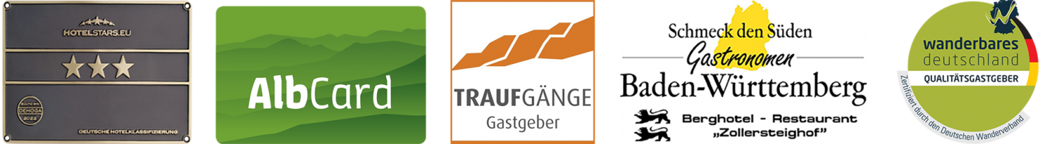 Logo Hotelstars, AlbCard, Traufgänge-Gastgeber, Schmeck den Süden und Wanderbares Deutschland